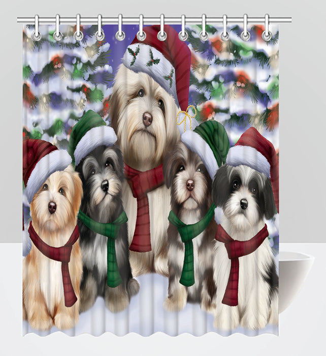 Havanese Dogs Christmas Family Portrait in Holiday Scenic Background Shower Curtain