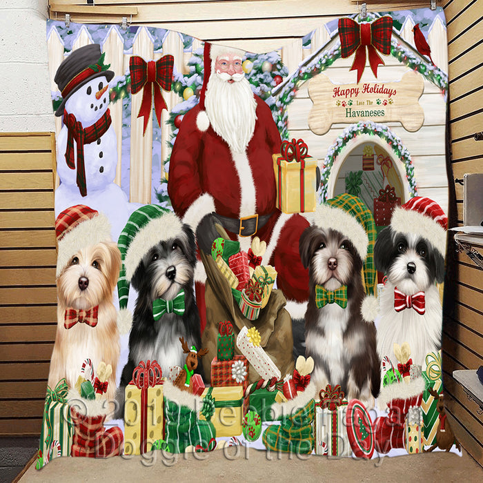 Happy Holidays Christmas Havanese Dogs House Gathering Quilt