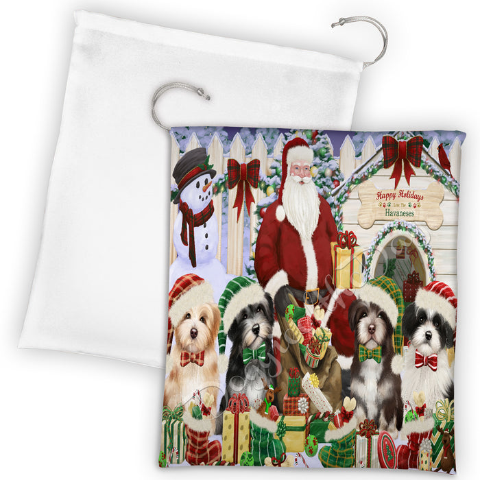 Happy Holidays Christmas Havanese Dogs House Gathering Drawstring Laundry or Gift Bag LGB48053