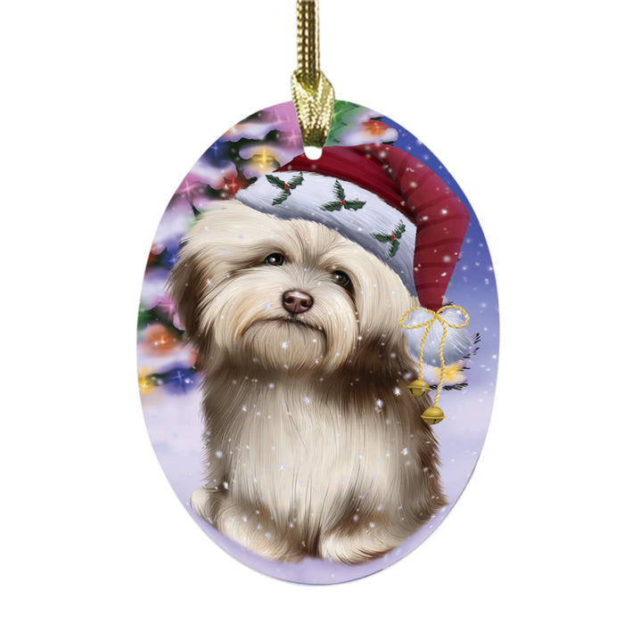 Winterland Wonderland Havanese Dog In Christmas Holiday Scenic Background Oval Glass Christmas Ornament OGOR49588