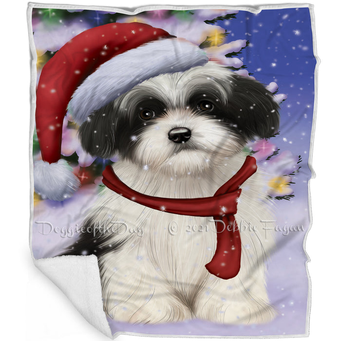 Winterland Wonderland Havanese Dog In Christmas Holiday Scenic Background Blanket D200