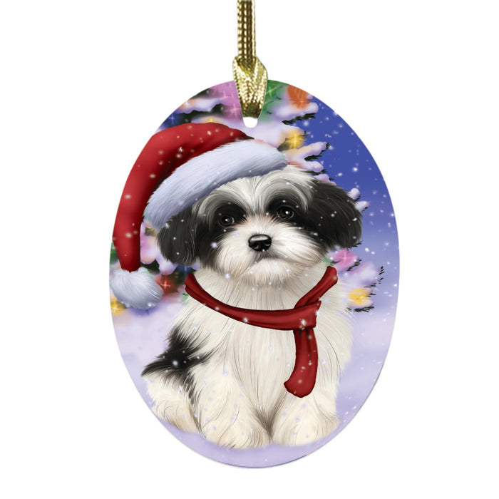 Winterland Wonderland Havanese Dog In Christmas Holiday Scenic Background Oval Glass Christmas Ornament OGOR49589
