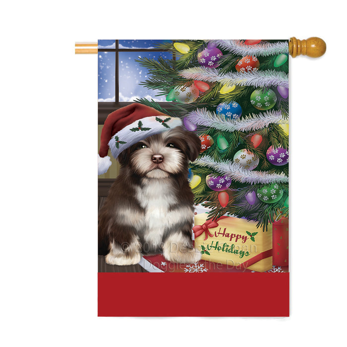 Personalized Christmas Happy Holidays Havanese Dog with Tree and Presents Custom House Flag FLG-DOTD-A58694
