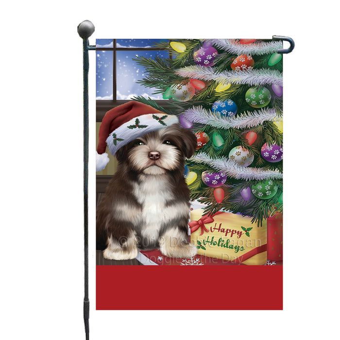 Personalized Christmas Happy Holidays Havanese Dog with Tree and Presents Custom Garden Flags GFLG-DOTD-A58638