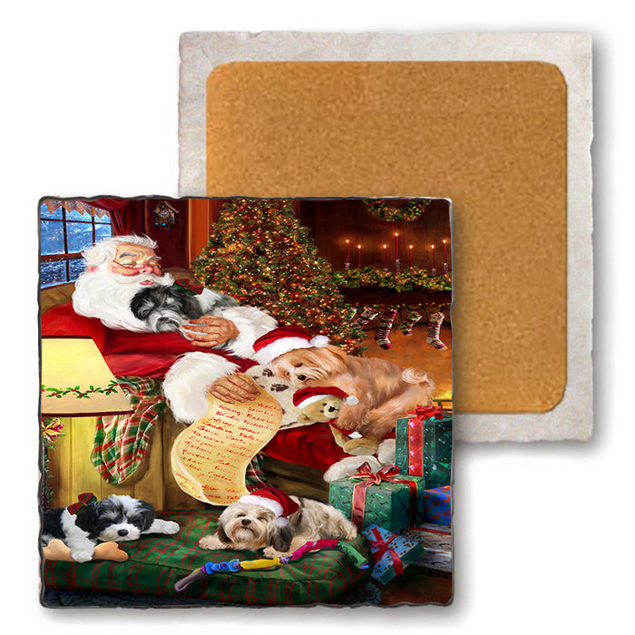 Set of 4 Natural Stone Marble Tile Coasters - Havaneses Dog and Puppies Sleeping with Santa MCST48106