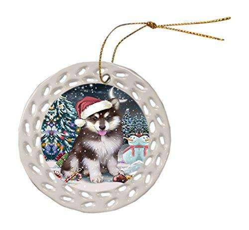 Have a Holly Jolly Alaskan Malamute Dog Christmas Round Doily Ornament POR050