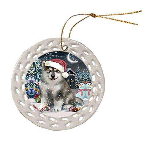 Have a Holly Jolly Alaskan Malamute Dog Christmas Round Doily Ornament POR051