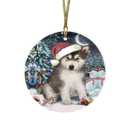 Have a Holly Jolly Alaskan Malamute Dog Christmas Round Flat Ornament POR1253