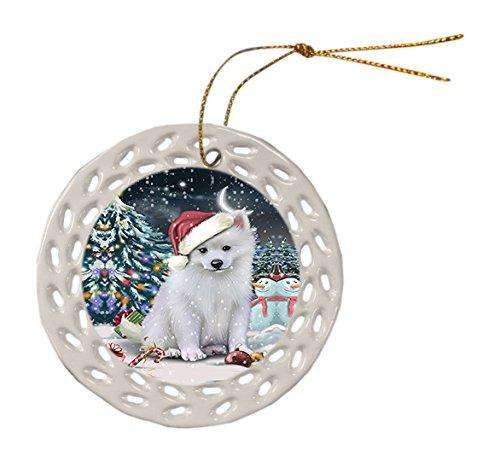 Have a Holly Jolly American Eskimo Dog Christmas Round Doily Ornament POR214