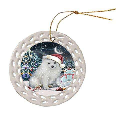 Have a Holly Jolly American Eskimo Dog Christmas Round Doily Ornament POR217