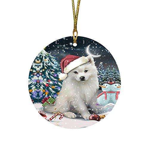Have a Holly Jolly American Eskimo Dog Christmas Round Flat Ornament POR1415