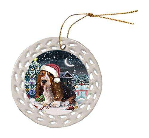 Have a Holly Jolly Basset Hound Dog Christmas Round Doily Ornament POR175