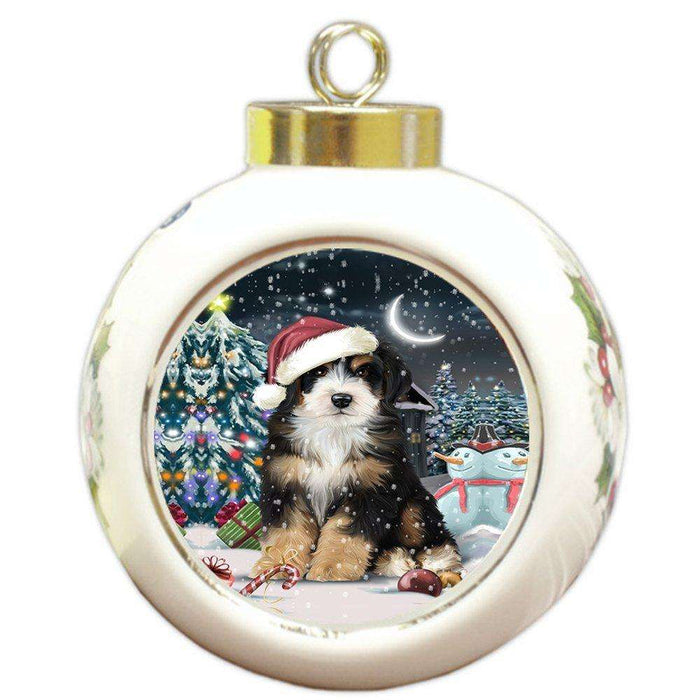 Have a Holly Jolly Bernedoodle Dog Christmas Round Ball Ornament POR771