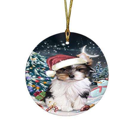 Have a Holly Jolly Biewer Terrier Dog Christmas  Round Flat Christmas Ornament RFPOR51625