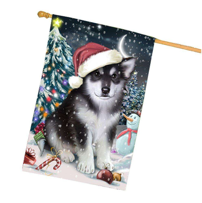 Have a Holly Jolly Christmas Alaskan Malamute Dog in Holiday Background House Flag