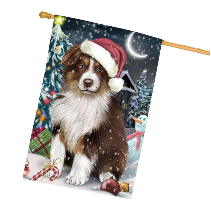 Have a Holly Jolly Christmas Australian Shepherd Dog in Holiday Background House Flag