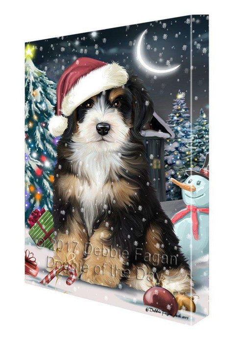 Have a Holly Jolly Christmas Bernedoodle Dog in Holiday Background Canvas Wall Art D015