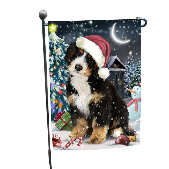 Have a Holly Jolly Christmas Bernedoodle Dog in Holiday Background Garden Flag D014