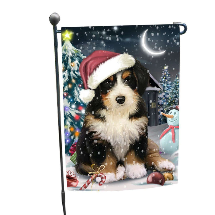 Have a Holly Jolly Christmas Bernedoodle Dog in Holiday Background Garden Flag D017