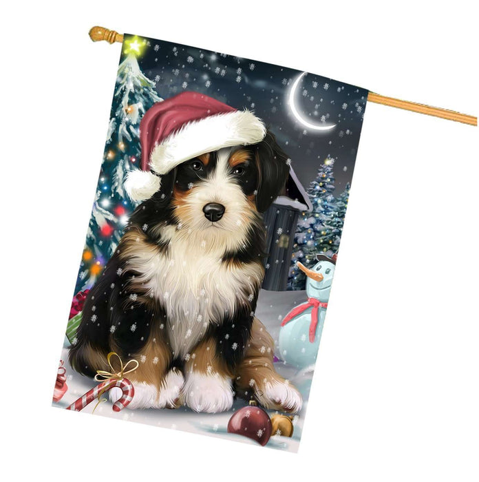 Have a Holly Jolly Christmas Bernedoodle Dog in Holiday Background House Flag