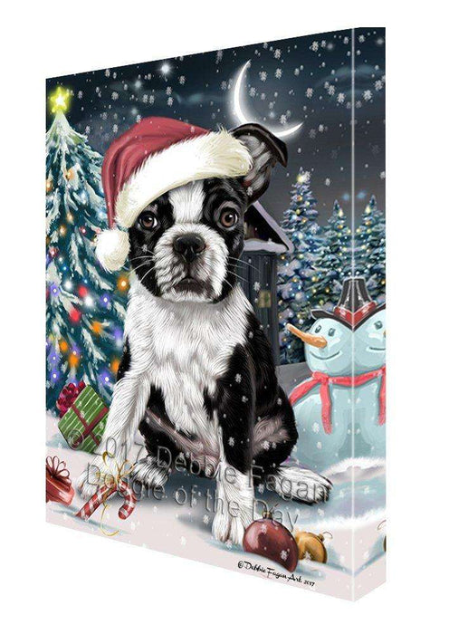 Have a Holly Jolly Christmas Boston Terrier Dog in Holiday Background Canvas Wall Art D035