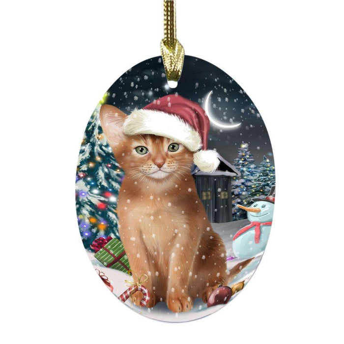 Have a Holly Jolly Christmas Happy Holidays Abyssinian Cat Oval Glass Christmas Ornament OGOR48000
