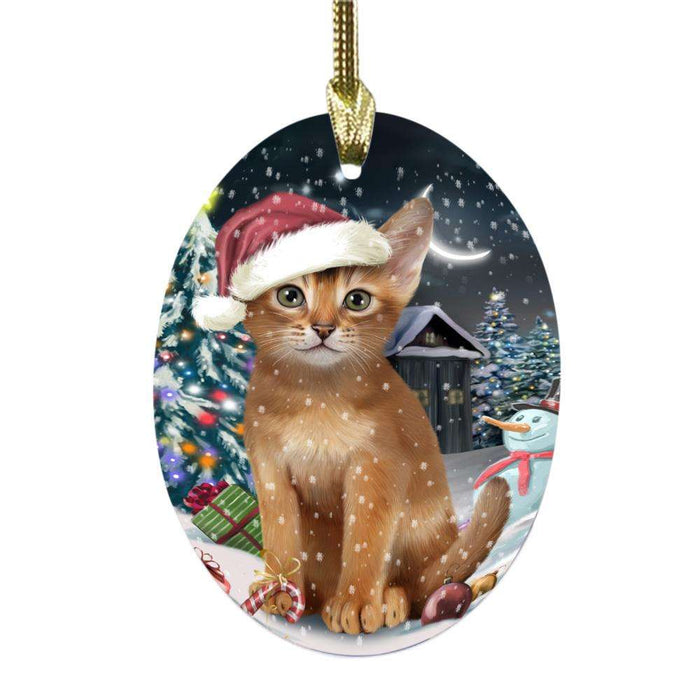 Have a Holly Jolly Christmas Happy Holidays Abyssinian Cat Oval Glass Christmas Ornament OGOR48003