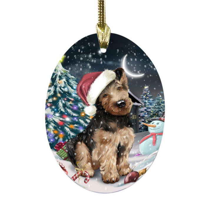 Have a Holly Jolly Christmas Happy Holidays Airedale Dog Oval Glass Christmas Ornament OGOR48052