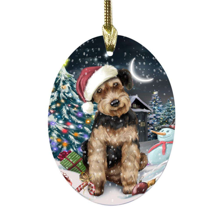 Have a Holly Jolly Christmas Happy Holidays Airedale Dog Oval Glass Christmas Ornament OGOR48053