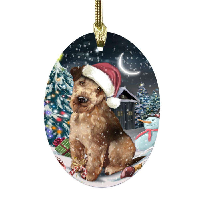 Have a Holly Jolly Christmas Happy Holidays Airedale Dog Oval Glass Christmas Ornament OGOR48054