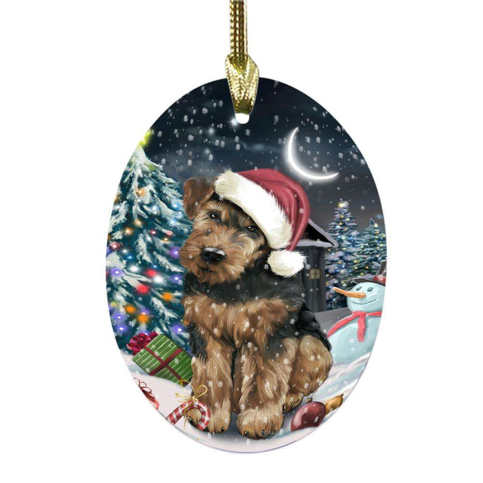 Have a Holly Jolly Christmas Happy Holidays Airedale Dog Oval Glass Christmas Ornament OGOR48055