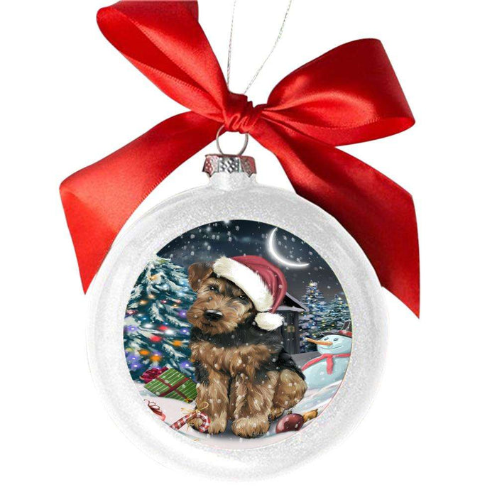 Have a Holly Jolly Christmas Happy Holidays Airedale Dog White Round Ball Christmas Ornament WBSOR48055