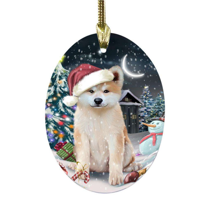 Have a Holly Jolly Christmas Happy Holidays Akita Dog Oval Glass Christmas Ornament OGOR48004
