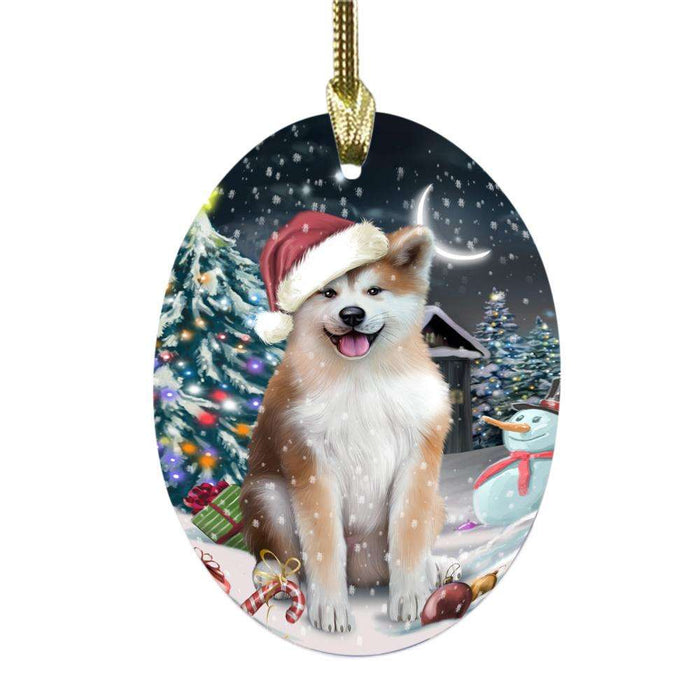 Have a Holly Jolly Christmas Happy Holidays Akita Dog Oval Glass Christmas Ornament OGOR48005