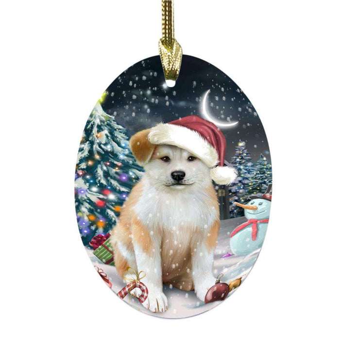 Have a Holly Jolly Christmas Happy Holidays Akita Dog Oval Glass Christmas Ornament OGOR48007