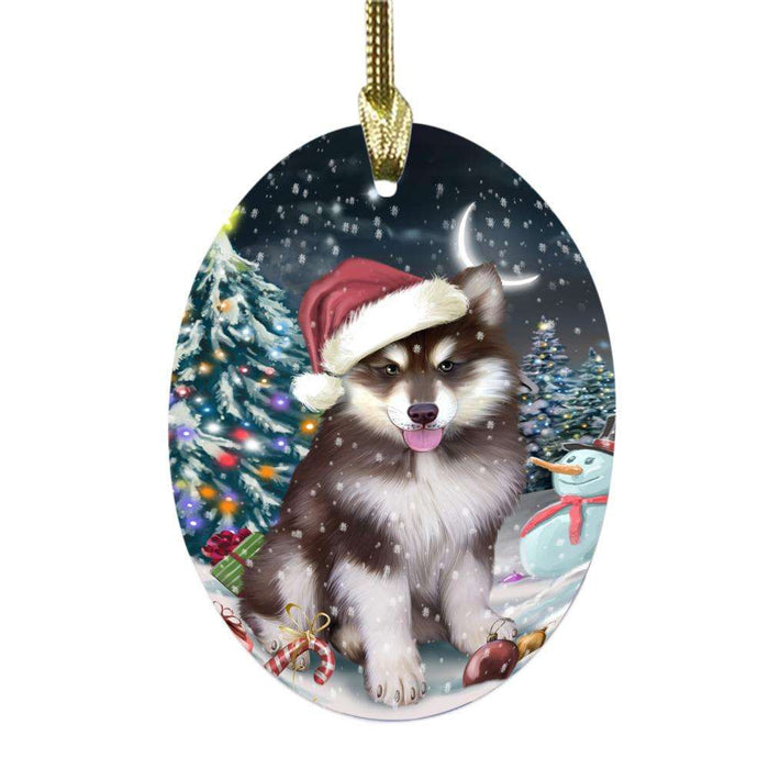 Have a Holly Jolly Christmas Happy Holidays Alaskan Malamute Dog Oval Glass Christmas Ornament OGOR48056