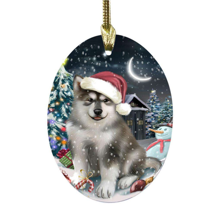 Have a Holly Jolly Christmas Happy Holidays Alaskan Malamute Dog Oval Glass Christmas Ornament OGOR48057