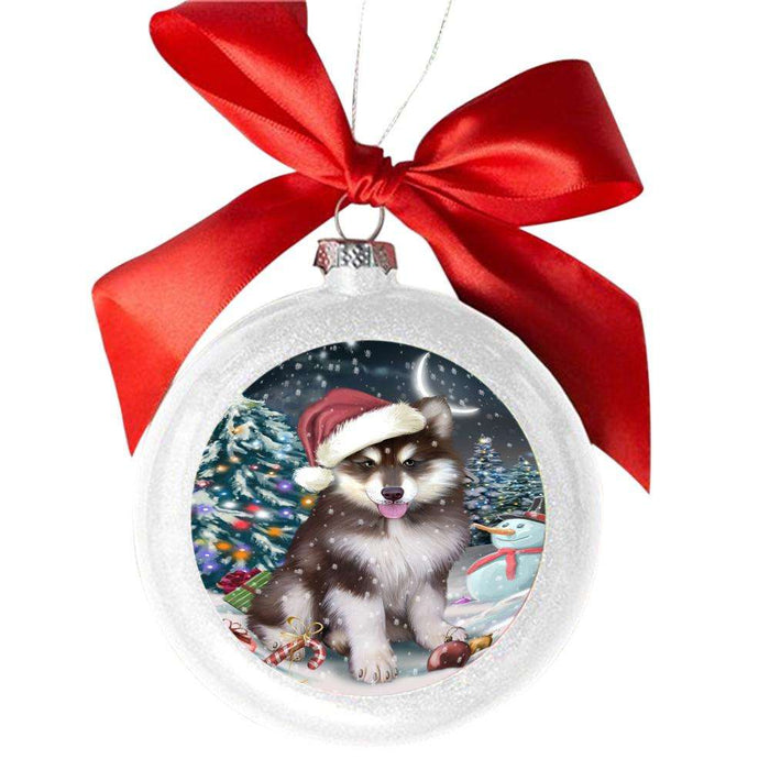 Have a Holly Jolly Christmas Happy Holidays Alaskan Malamute Dog White Round Ball Christmas Ornament WBSOR48056