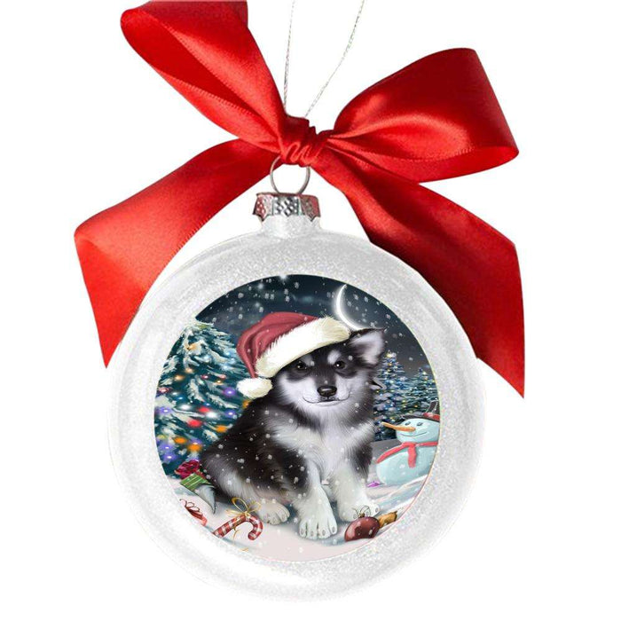 Have a Holly Jolly Christmas Happy Holidays Alaskan Malamute Dog White Round Ball Christmas Ornament WBSOR48058