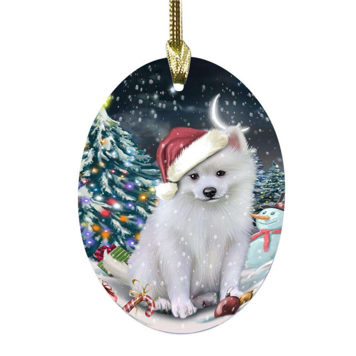 Have a Holly Jolly Christmas Happy Holidays American Eskimo Dog Oval Glass Christmas Ornament OGOR48060