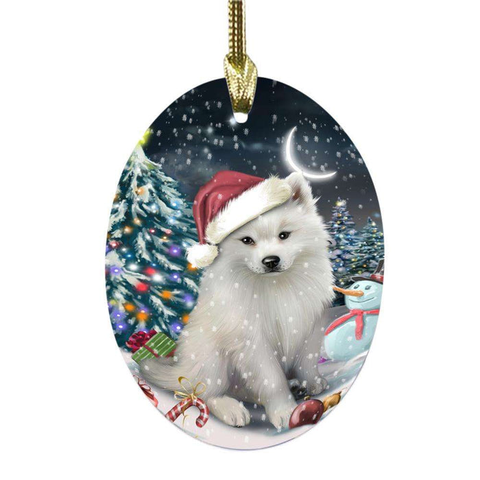 Have a Holly Jolly Christmas Happy Holidays American Eskimo Dog Oval Glass Christmas Ornament OGOR48061