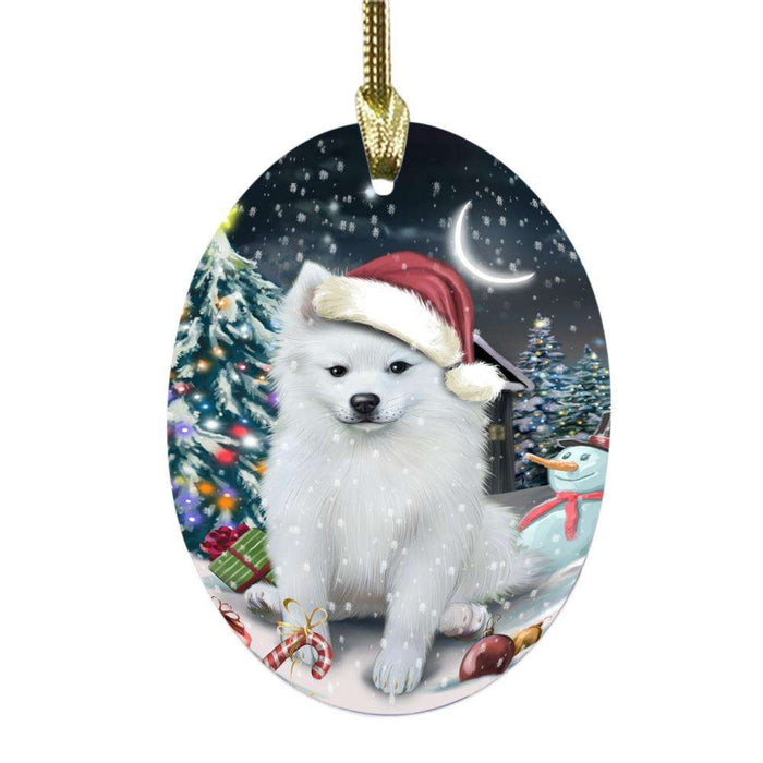 Have a Holly Jolly Christmas Happy Holidays American Eskimo Dog Oval Glass Christmas Ornament OGOR48062