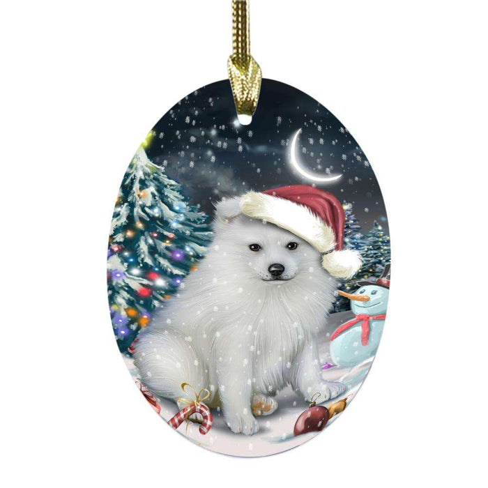 Have a Holly Jolly Christmas Happy Holidays American Eskimo Dog Oval Glass Christmas Ornament OGOR48063