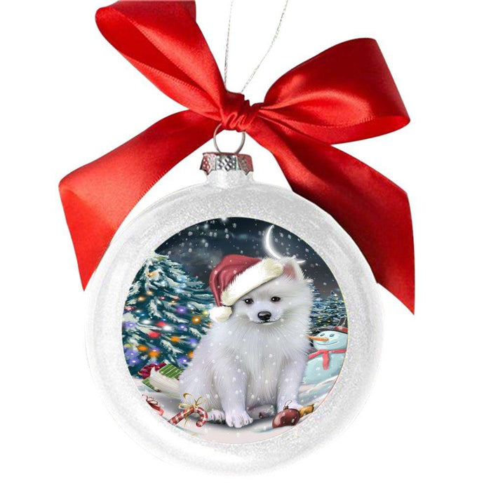 Have a Holly Jolly Christmas Happy Holidays American Eskimo Dog White Round Ball Christmas Ornament WBSOR48060