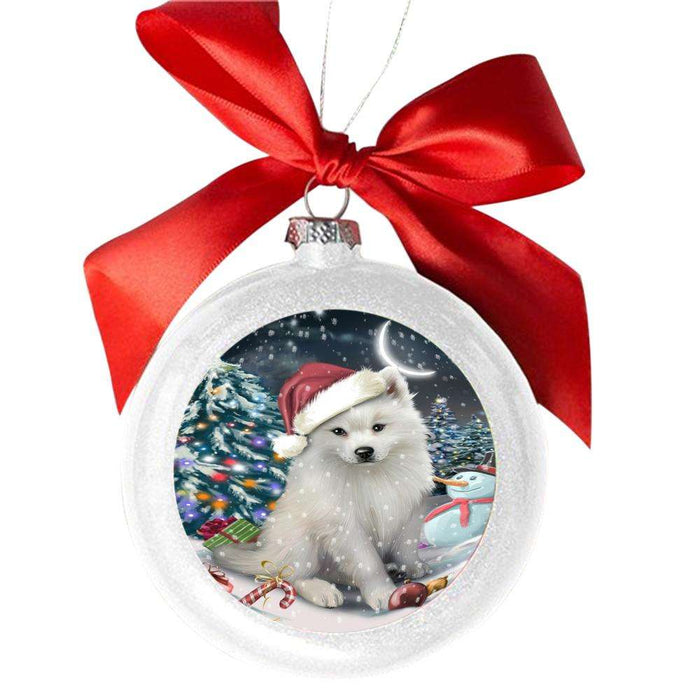 Have a Holly Jolly Christmas Happy Holidays American Eskimo Dog White Round Ball Christmas Ornament WBSOR48061