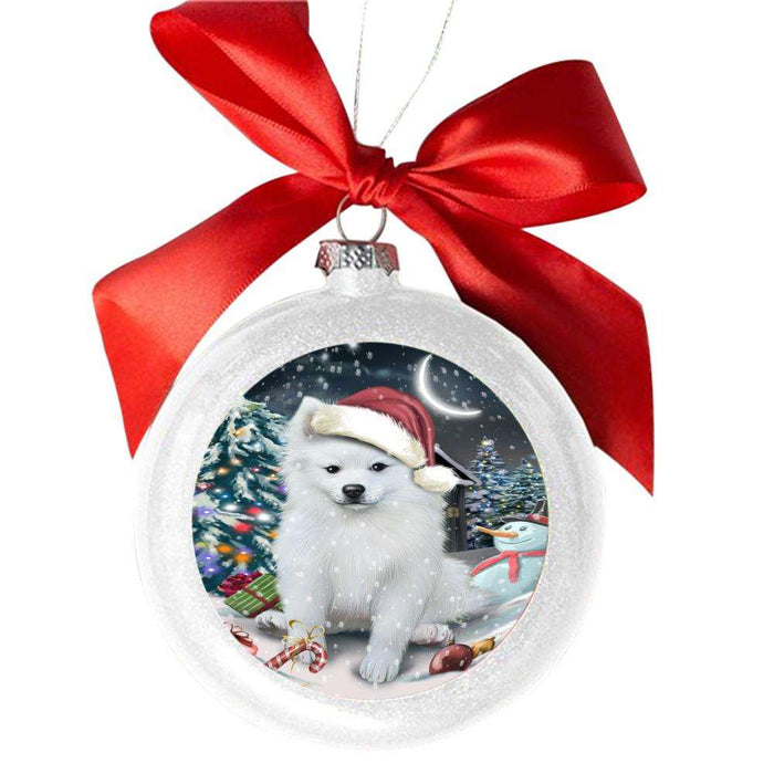 Have a Holly Jolly Christmas Happy Holidays American Eskimo Dog White Round Ball Christmas Ornament WBSOR48062