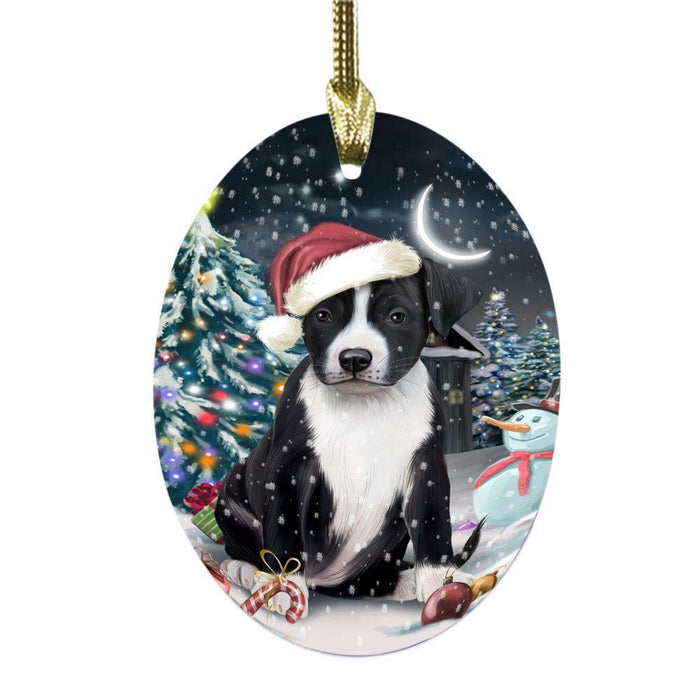 Have a Holly Jolly Christmas Happy Holidays American Staffordshire Dog Oval Glass Christmas Ornament OGOR48008