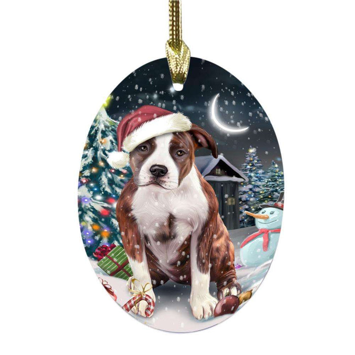 Have a Holly Jolly Christmas Happy Holidays American Staffordshire Dog Oval Glass Christmas Ornament OGOR48009