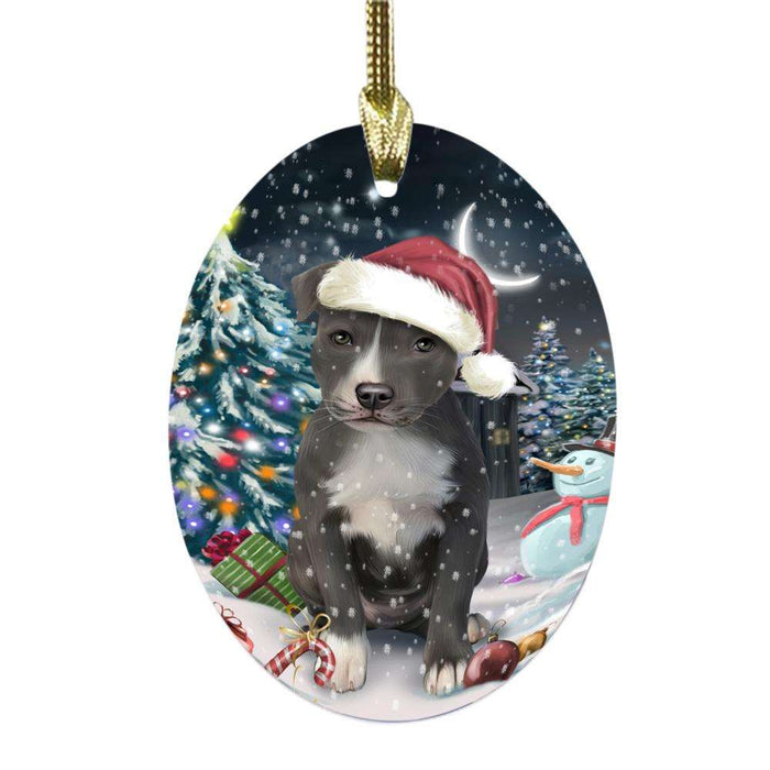 Have a Holly Jolly Christmas Happy Holidays American Staffordshire Dog Oval Glass Christmas Ornament OGOR48010