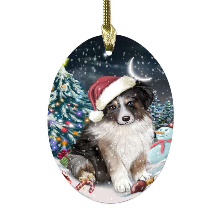 Have a Holly Jolly Christmas Happy Holidays Australian Shepherd Dog Oval Glass Christmas Ornament OGOR48072